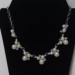 Elegant Pearl & Crystal Statement Necklace, 16”